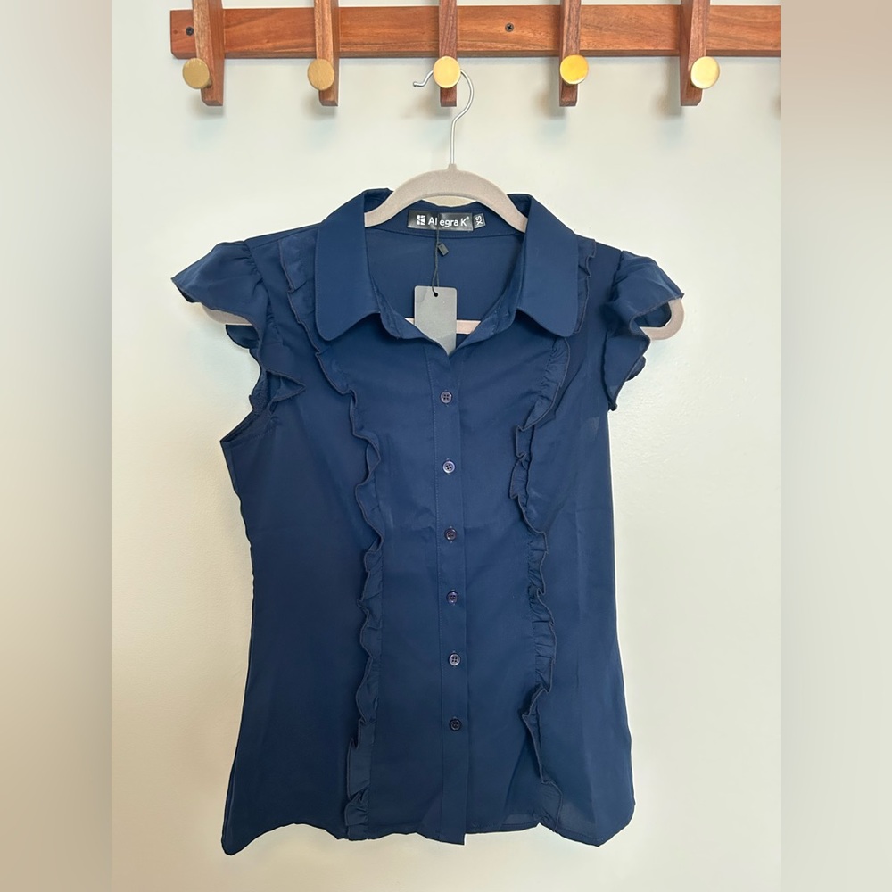 Allegra K Navy Ruffle Button-Down Blouse